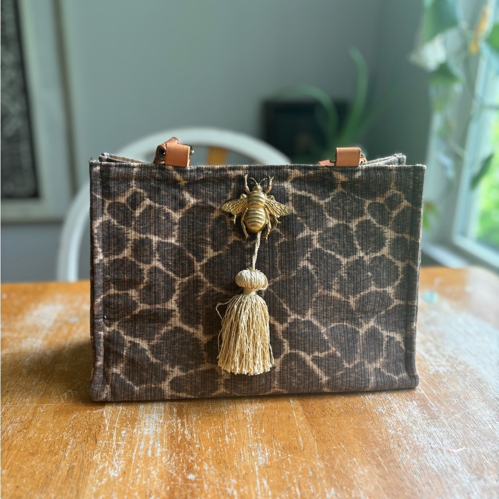 Giraffe print tote with Bee Broach and leather handles